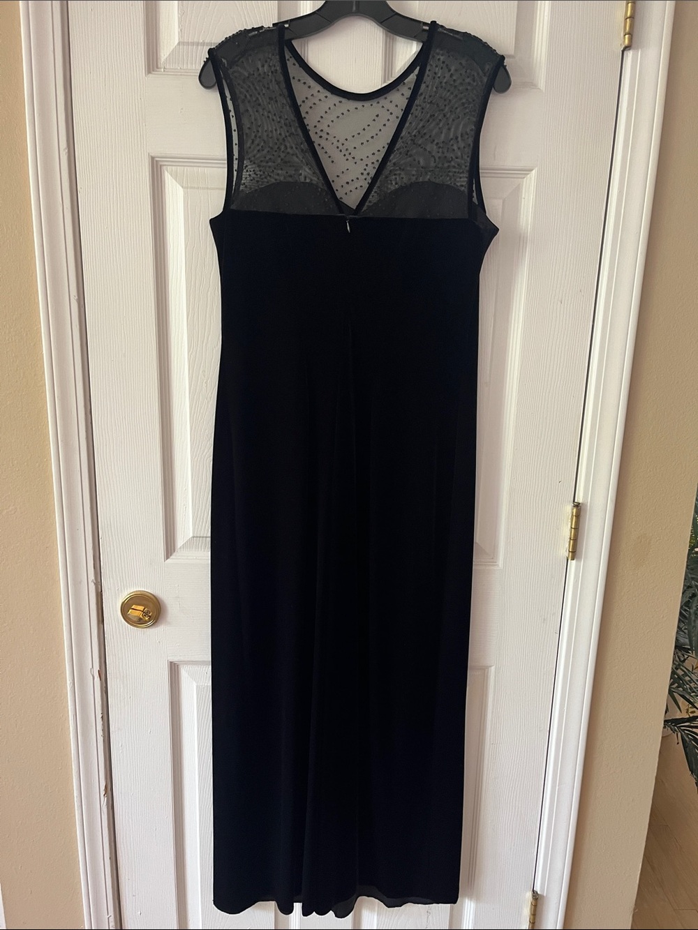 Elegant Black Velvet Maxi Dress with Sheer Polka Dot Yoke - Picture 3 of 5
